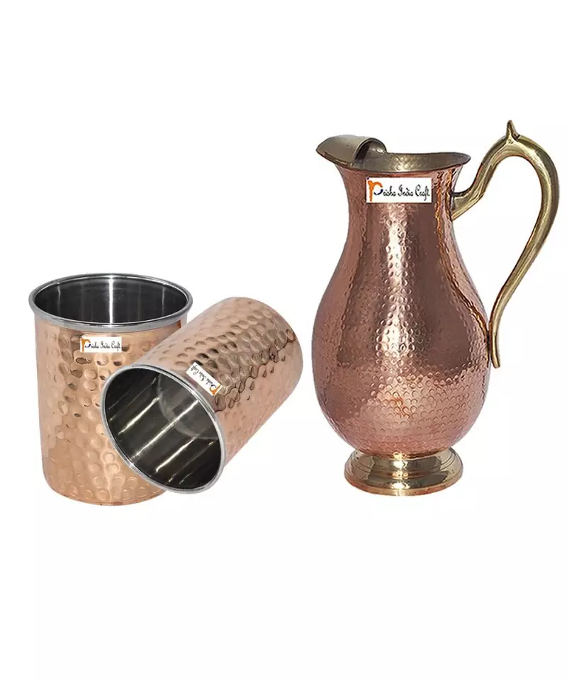 Copper Jug (Royal JUG 2000 ML / 67.63 oz) with Two Glass Drinkware Set of Jug and Glass