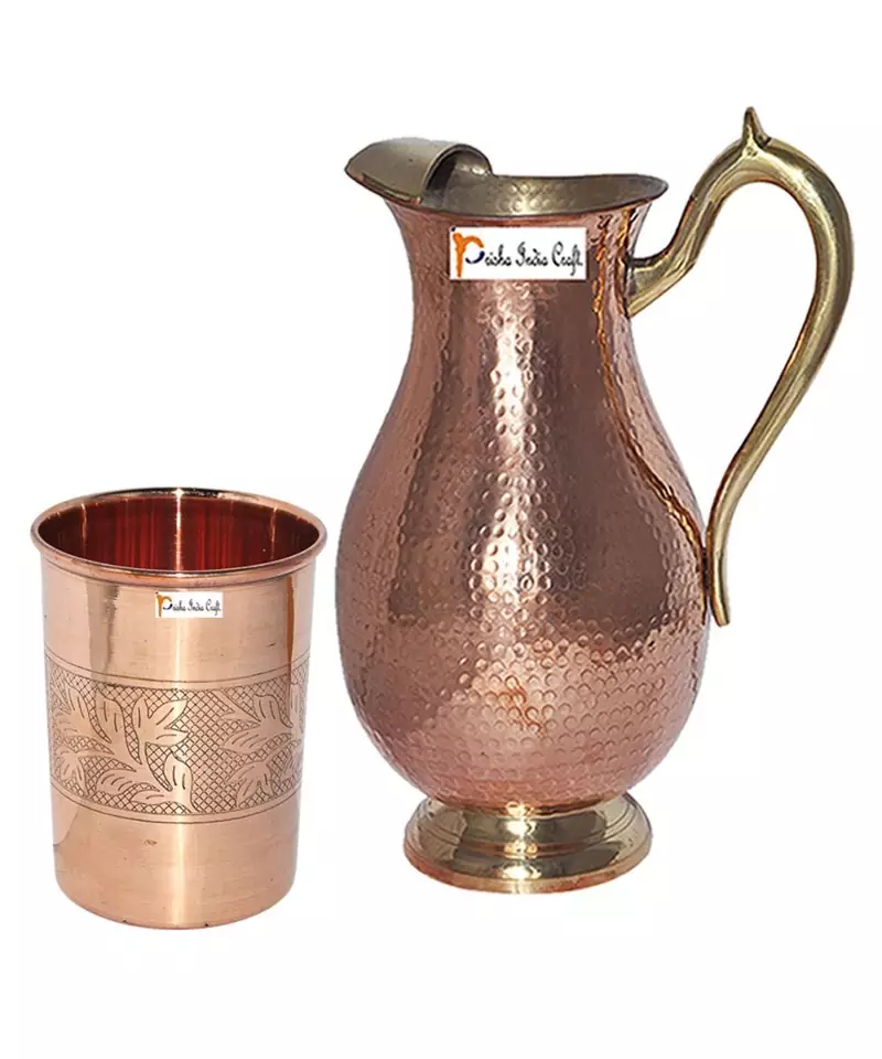Copper Jug (Royal JUG 2000 ML / 67.63 oz) with One Glass Drinkware Set of Jug and Glass