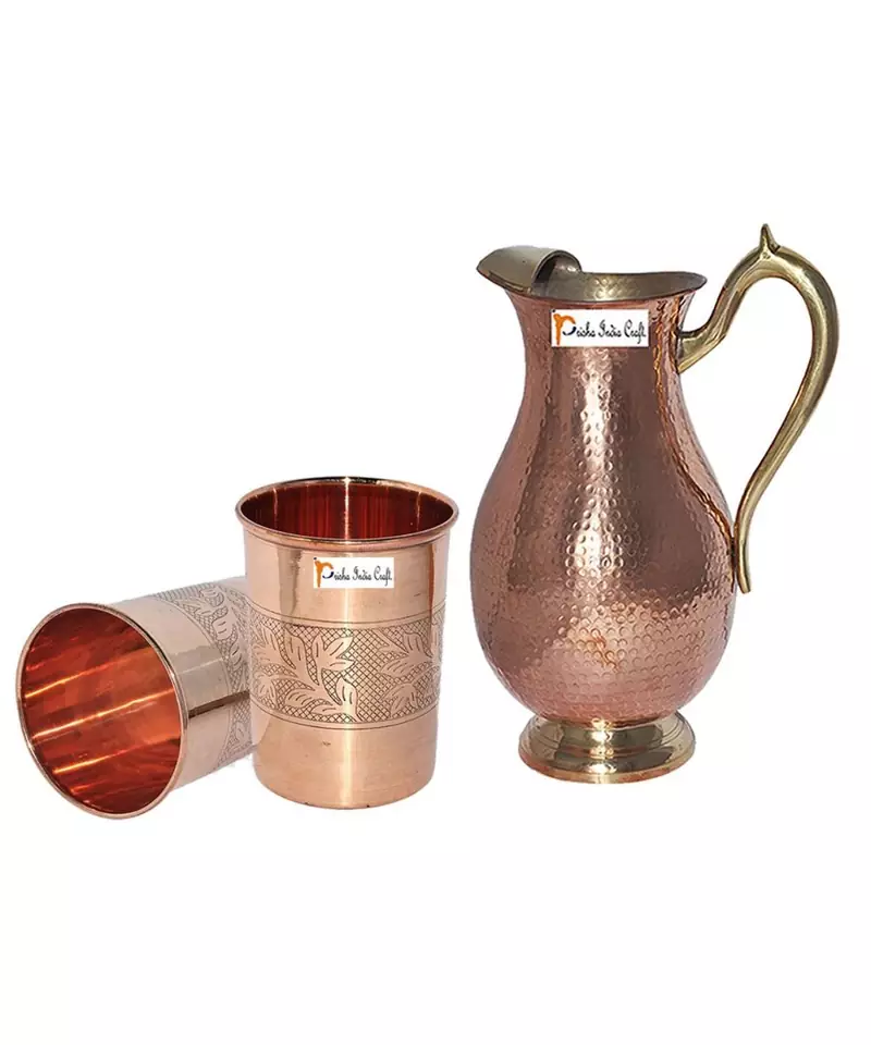 Copper Jug (Royal JUG 2000 ML / 67.63 oz) with Two Glass Drinkware Set of Jug and Glass
