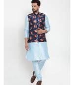 Men Blue Silk Printed Nehru Jacket