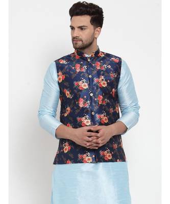 Men Blue Silk Printed Nehru Jacket 2