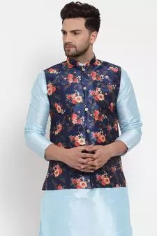 Men Blue Silk Printed Nehru Jacket