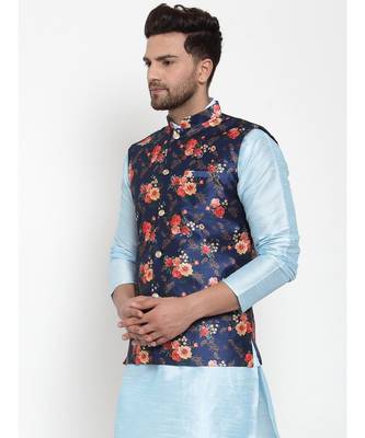 Men Blue Silk Printed Nehru Jacket 3