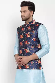 Men Blue Silk Printed Nehru Jacket
