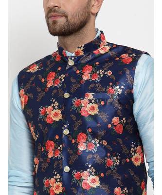 Men Blue Silk Printed Nehru Jacket 4