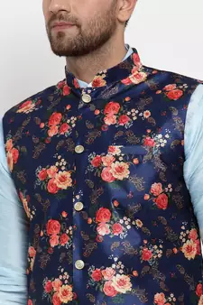 Men Blue Silk Printed Nehru Jacket