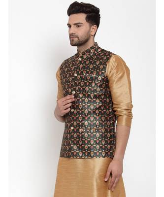 Men Green Silk Printed Nehru Jacket 2