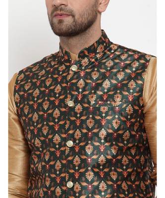 Men Green Silk Printed Nehru Jacket 3