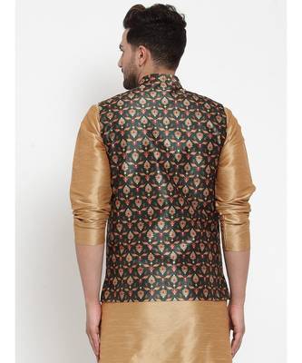 Men Green Silk Printed Nehru Jacket 4