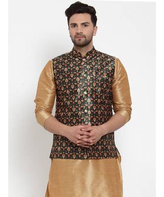 Men Green Silk Printed Nehru Jacket 5