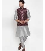 Men Maroon Silk Printed Nehru Jacket