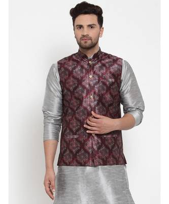 Men Maroon Silk Printed Nehru Jacket 2
