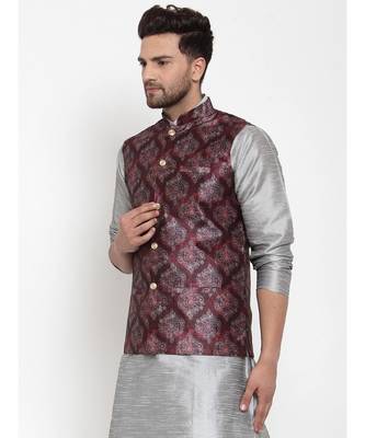 Men Maroon Silk Printed Nehru Jacket 3