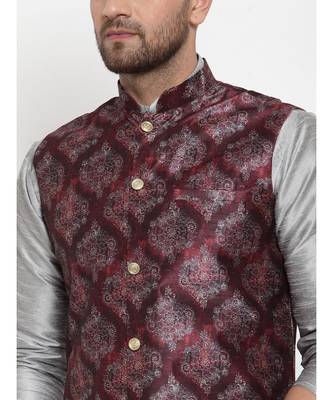 Men Maroon Silk Printed Nehru Jacket 4