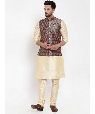 Men Teal Silk Printed Nehru Jacket 2