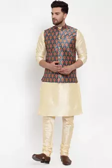 Men Teal Silk Printed Nehru Jacket