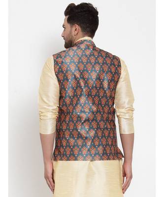 Men Teal Silk Printed Nehru Jacket 3