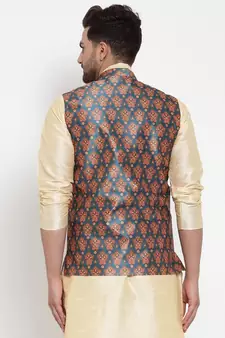 Men Teal Silk Printed Nehru Jacket