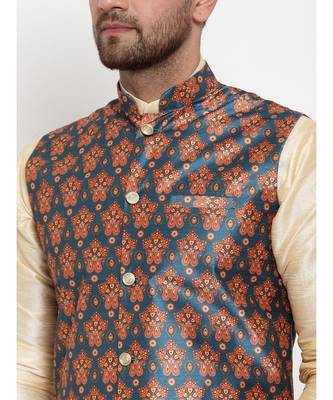 Men Teal Silk Printed Nehru Jacket 4