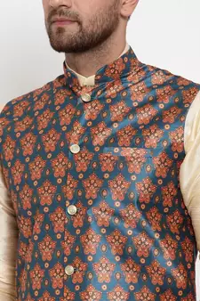 Men Teal Silk Printed Nehru Jacket