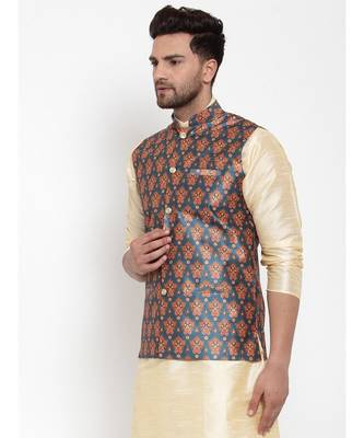 Men Teal Silk Printed Nehru Jacket 5