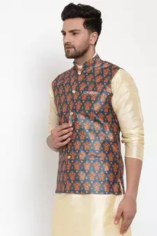 Men Teal Silk Printed Nehru Jacket