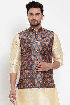 Men Teal Silk Printed Nehru Jacket