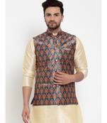Men Teal Silk Printed Nehru Jacket