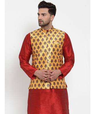 Men Yellow Silk Printed Nehru Jacket 1