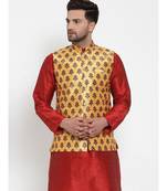 Men Yellow Silk Printed Nehru Jacket