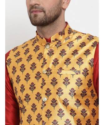 Men Yellow Silk Printed Nehru Jacket 2