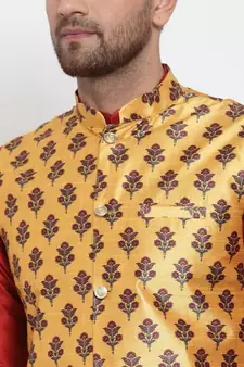 Men Yellow Silk Printed Nehru Jacket