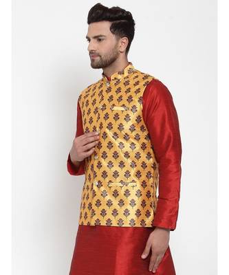 Men Yellow Silk Printed Nehru Jacket 3