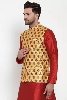 Men Yellow Silk Printed Nehru Jacket