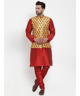 Men Yellow Silk Printed Nehru Jacket 4