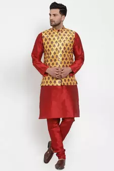 Men Yellow Silk Printed Nehru Jacket