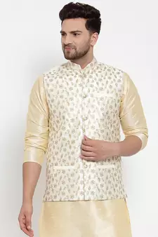 Men white Silk Embroidered Nehrujacket