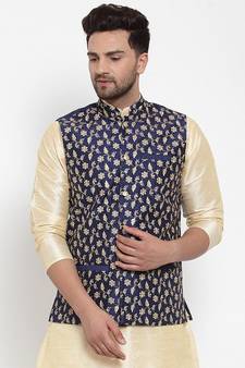 Men Navyblue Silk Embroidered Nehrujacket