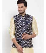 Men Navyblue Silk Embroidered Nehrujacket