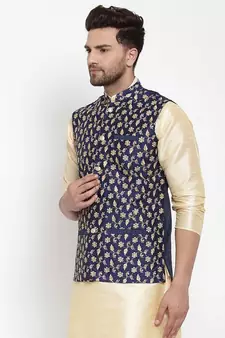 Men Navyblue Silk Embroidered Nehrujacket