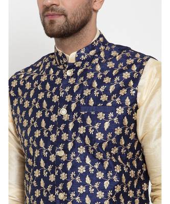 Men Navyblue Silk Embroidered Nehrujacket 3