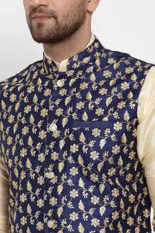 Men Navyblue Silk Embroidered Nehrujacket