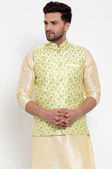 Men Limegreen Silk Embroidered Nehrujacket