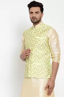 Men Limegreen Silk Embroidered Nehrujacket