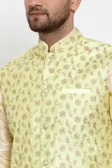 Men Limegreen Silk Embroidered Nehrujacket