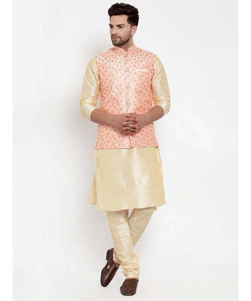 Men pink Silk Embroidered Nehrujacket