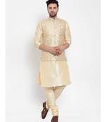Men Beige Silk Embroidered Nehrujacket
