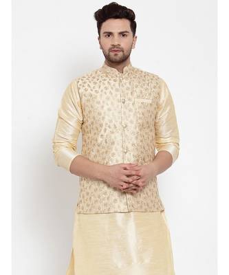 Men Beige Silk Embroidered Nehrujacket 2
