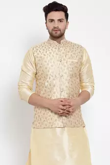 Men Beige Silk Embroidered Nehrujacket