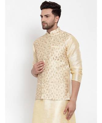 Men Beige Silk Embroidered Nehrujacket 3